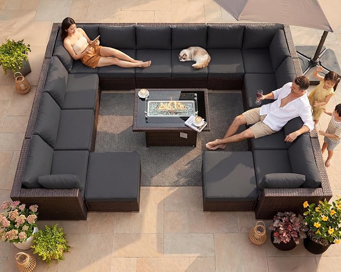 NICESOUL 15 Piece Outdoor Sectional with Fire Pit Table, Modern Luxury Patio Deep Seating w/Firepit, 29.3'' High-Back Wicker Couch Thick, Big High-Weight Capacity Sofa for Garden, Yard, Brown & Gray
