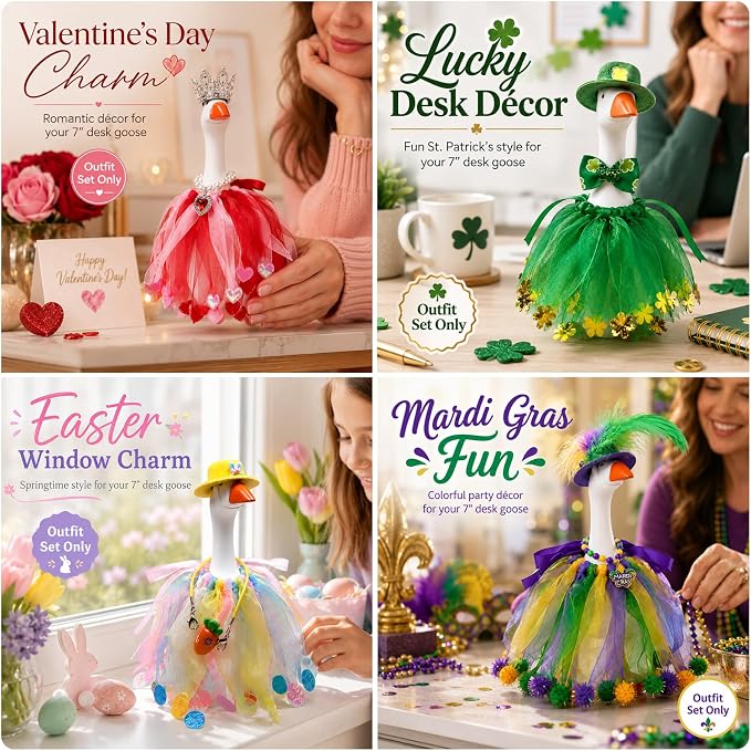 8Set Holiday Outfits for Desk Goose Statue, Seasonal Costumes for 7" Mini Goose, Festival Accessories for Mardi Gras, Valentine's, St. Patrick's, Easter, 4th of July, Thanksgiving, Halloween&Christmas