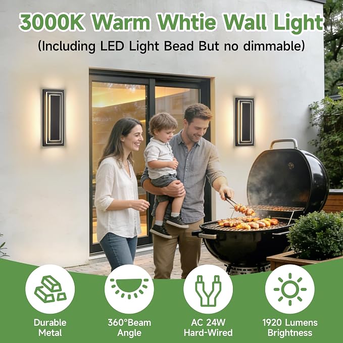 Modern Outdoor Square Wall Sconce LED,Exterior Lights 15.7 in,24W | Waterproof 2-Tier Patio Wall Light Fixture For House,Side Garage,Front Porch,Entrance With 3000K Light Bead,360° Angle,2PCS