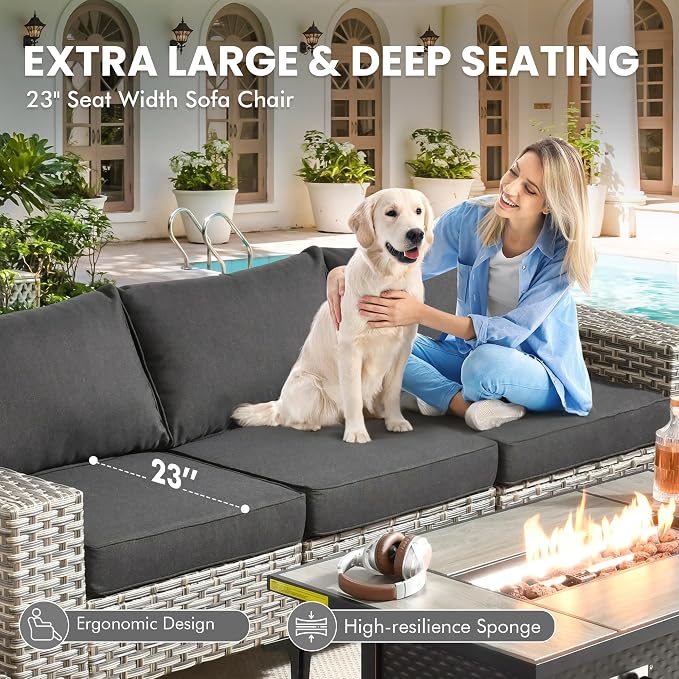 9 Pcs Patio Outdoor Furniture Set - All Weather Wicker Outdoor Sectional Sofa Couch with Swivel Fire Pit Table and Rocking Chairs e,Patio Rattan Conversation Set for Garden Deck Yard,Black
