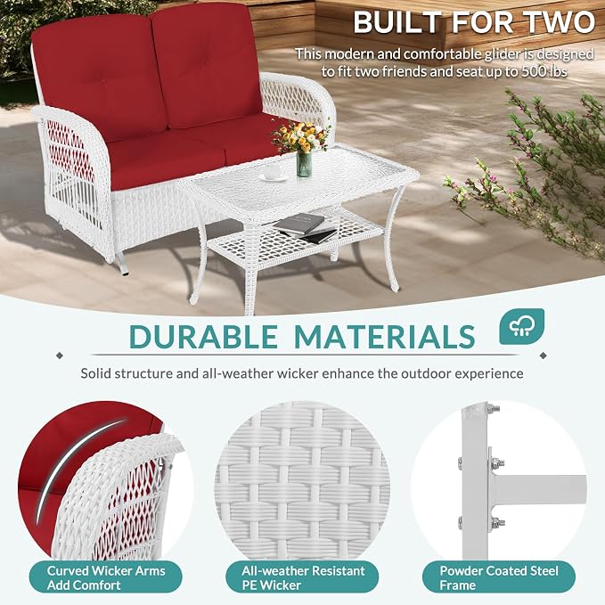 MEETWARM 4 Pieces Outdoor Wicker Patio Conversation Sets with Glider Loveseat, 2 Chairs with Coffee Table Wicker Rocking Glider Set, Patio Conversation Set with Thickened Cushions, White/Red