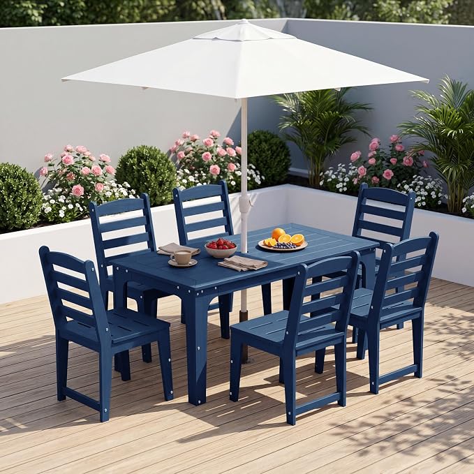 69" HDPE Rectangle Outdoor Dining Table for 6 Person, Blue | Weather-Resistant Patio Furniture with Metal Support Bars and Umbrella Hole Cut-Out for Poolside Garden Backyard Deck