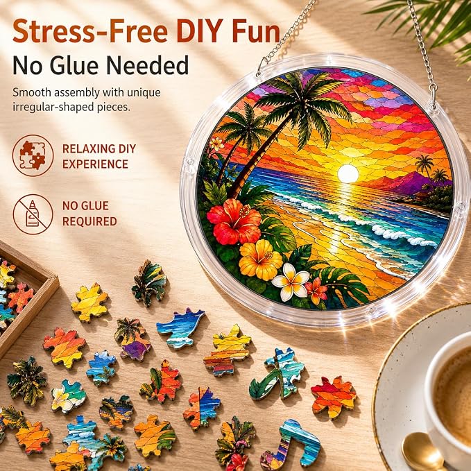 Acrylic Suncatcher Jigsaw Puzzle, Tropical Beach Sunset Stained Glass Style Sun Catcher Puzzle for Adults, Window Wall Hanging Decor, Palm Trees Ocean Wave DIY Craft Puzzles Gift Women