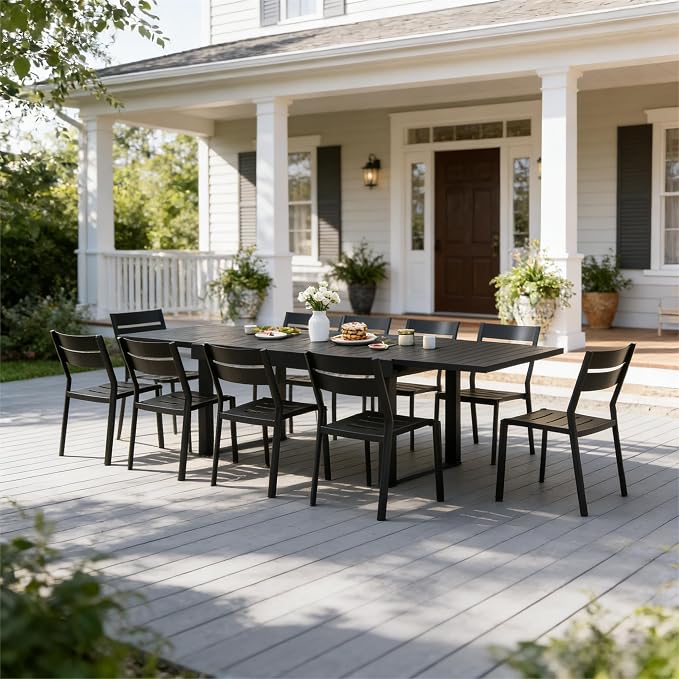 Pellebant 11-Piece Aluminum Outdoor Dining Set for 10, Stackable Contoured Seat Chairs with 17.3" Depth, Expandable Patio Table – Weather-Resistant Furniture for Deck, Porch & Backyard