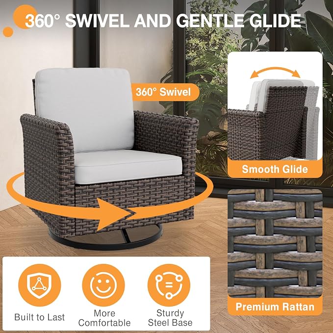 COOS BAY Harbor Retreat 6 Piece Outdoor Furniture Set, Patio Conversation Set with Swivel Rocking Chairs, 3 Seat Couch, Side Table and Ottomans, Wicker Furniture, Brown/Beige