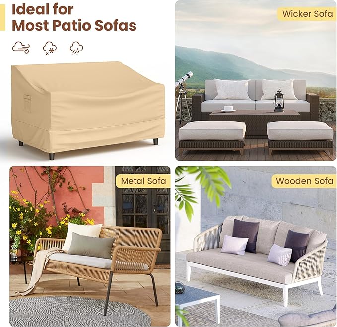 Tangkula Patio Loveseat Cover, 2-Seater Waterproof Outdoor Deep Sofa Cover with Padded Handle & Click-Close Straps, Patio Furniture Cover with Air Vent, Heavy Duty PU Couch Cover, 60"W x 43"H x 30"H
