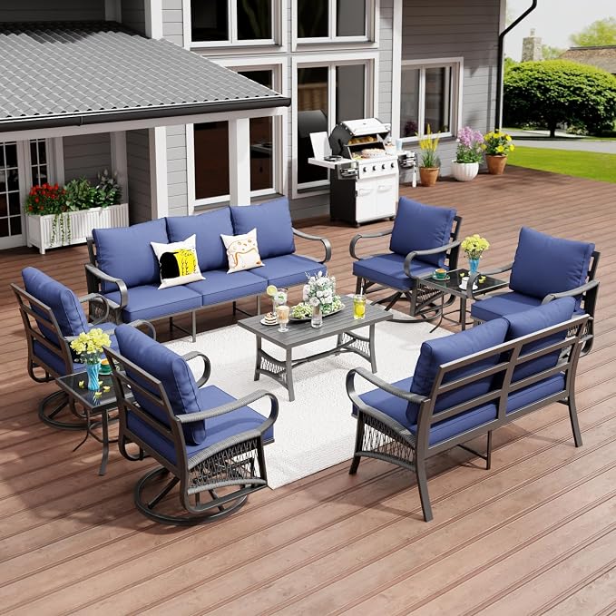 9 Piece Patio Furniture Set, 4 Single Swivel Chairs, Rope Braided Exposed with Thick Cushions, Outdoor All Weather Patio Conversation Sectional Sofa Set for Garden, Porch, Lawn, Blue