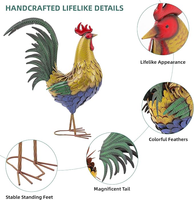 32 in Metal Rooster Statue, Farmhouse Yard & Garden Decor | Hand-painted Metal Finish, Oversized, Chicken Decor for Patio, Kitchen, Garden