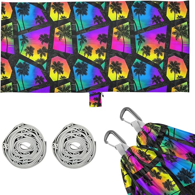 Camping Hammock Outdoor Hammocks for Outside Geometric Palm Tree Beach Trees Portable Lightweight with Pockets Tree Straps Indoor Small