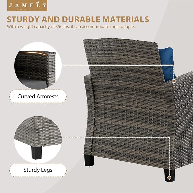 JAMFLY 3 Piece Wicker Patio Furniture Set - Outdoor Rattan Conversation Set with Soft Cushions & Glass Coffee Table for Balcony, Porch, Small Backyard - All Weather Blue Bistro Set, Blue