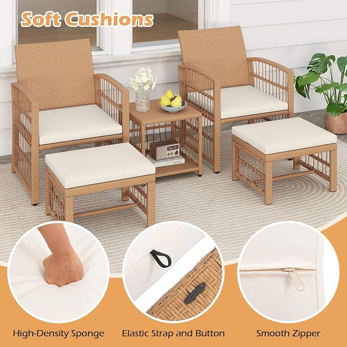 Tangkula 5 Pieces Patio Wicker Conversation Set, Outdoor Furniture Set with 2 Armchairs, 2 Ottomans & 2-Tier Side Table, Outside Rattan Cushioned Sofa Set for Deck, Backyard, Porch or Poolside