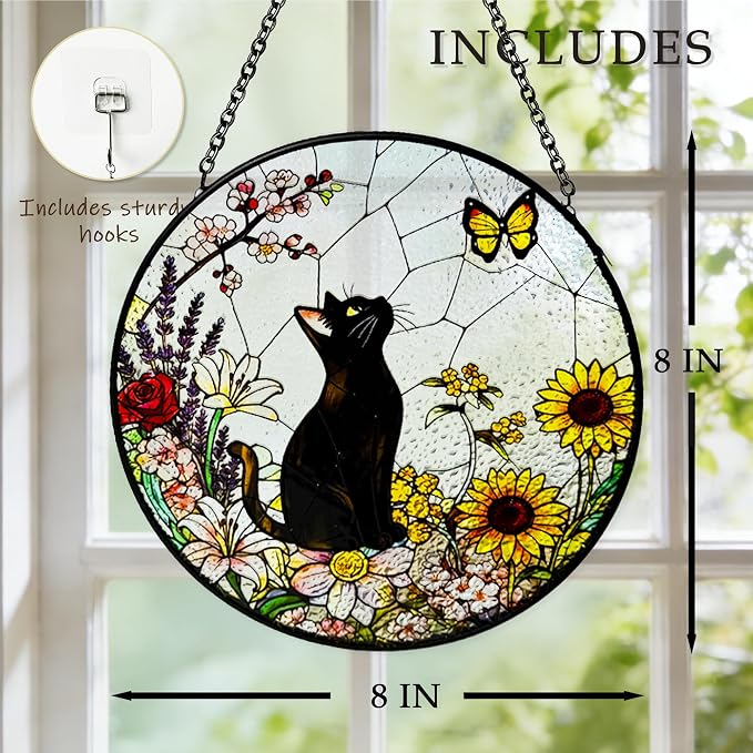 Cat Stained Glass Suncatcher Window, Hanging Sun Catchers Indoor Window, Suncatcher for Mom/Women (Black)