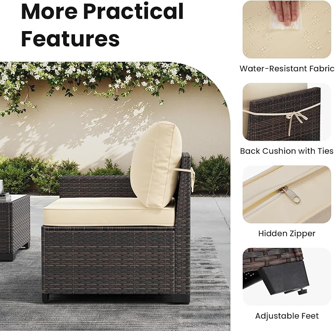 Soohow 6-Piece Patio Furniture Set All-Weather Outdoor Wicker Sectional Conversation Set with Cushion and Glass Table for Garden, Porch, Backyard, Beige Cushions