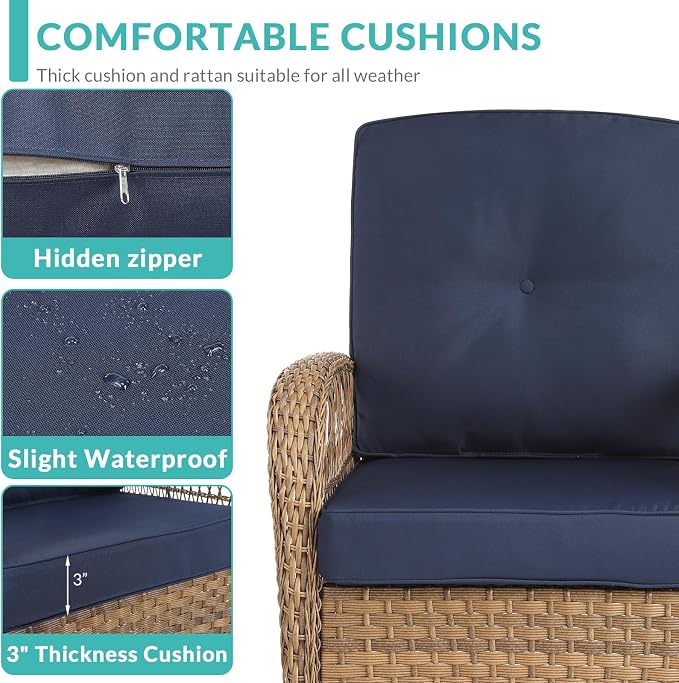 MEETWARM 7 Pieces Outdoor Patio Rattan Furniture Sets, All Weather Patio Wicker Conversation Set- 2 Rocking Glider, 2 Swivel Chairs, 1 Loveseat Glider w/Cushions, 2 Glass-Top Coffee Table, Navy Blue