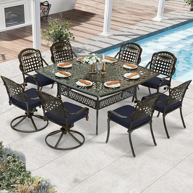 9 Piece Outdoor Patio Dining Set for 8, Cast Aluminium Large Square Dining Table & 2 Swivel Rocker Chairs, 6 Stationary, 8 Cushions, Umbrella Hole, Patio Furniture Set for Garden, Navy Blue