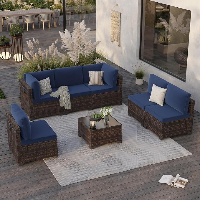 Soohow 7-Piece Patio Furniture Set, Outdoor Conversation Set, Thickened All-Weather Rattan Sectional Sofa with Tempered Glass Table for Garden, Porch, Backyard - Navy Cushions