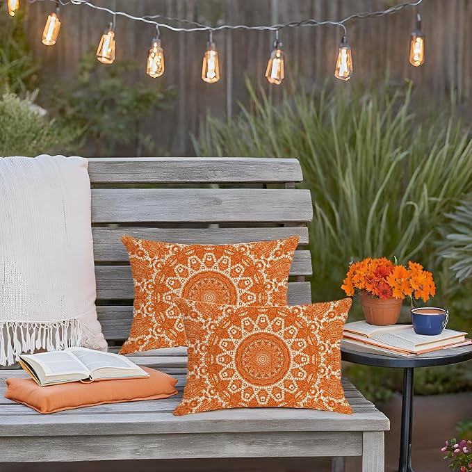 Fall Orange Outdoor Pillow Covers 12x20 Waterproof Mandala Bohemian Accent Lumbar Throw Pillow Covers for Patio Garden Couch Hippie Room Decor