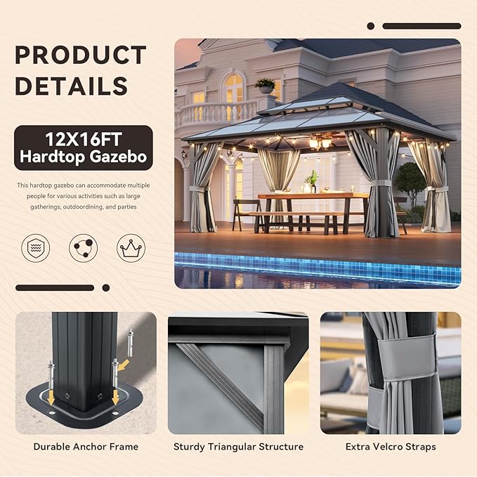 Aoxun 12'x16' Hardtop Gazebo, Outdoor Metal Gazebo with Double Polycarbonate Roof Canopy, Permanent Pavilion with Netting and Curtains for Lawn, Garden, Patio (Gray)
