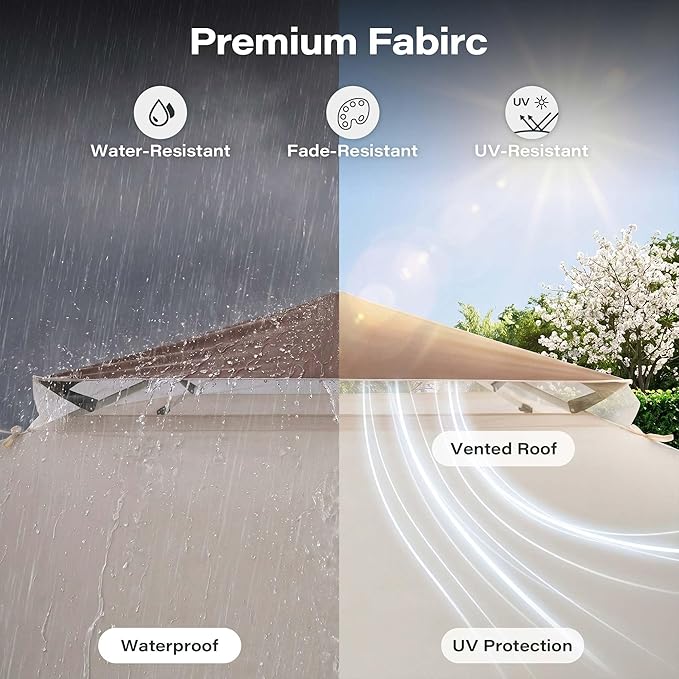 LAUSAINT HOME 12x12 Pop Up Gazebo Canopy Tent with Mosquito Netting, Instant One-Push Setup, Adjustable Height Outdoor Canopy Shelter with Carry Bag for Patio, Backyard, Camping, Parties & BBQs, Khaki