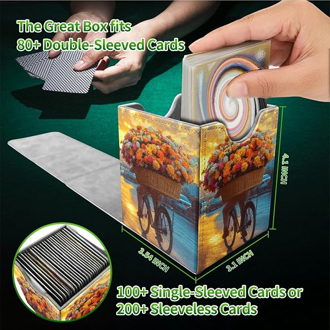 Flower Bike Card Deck Box for MTG, Personalized Card Storage Case Fits 120+ Sleeved Cards, Premium Leather TCG Box with Strong Magnetic Closure for Magic, CCG, PTCG, Baseball Cards