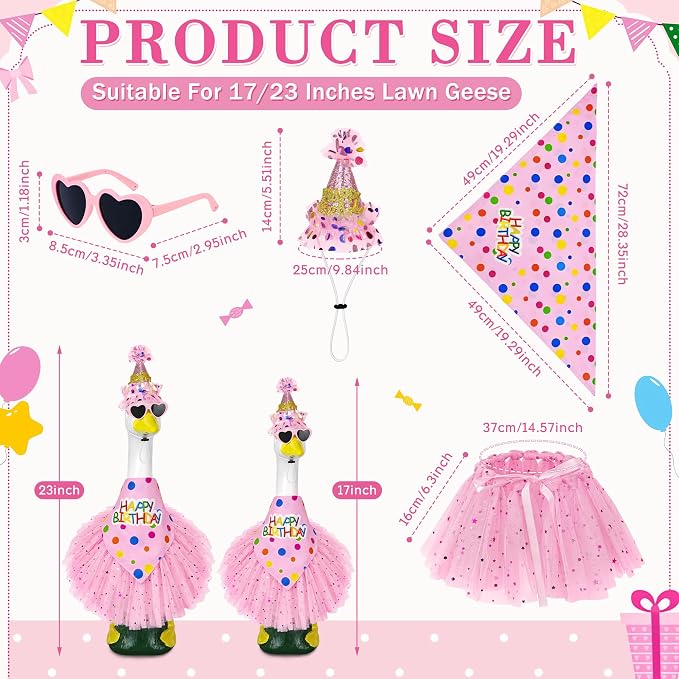 Porch Goose Birthday Outfit, Happy Birthday Goose Outfit Lawn Geese Clothes for 17/23" Cement Geese Statue for Patio (Pink)