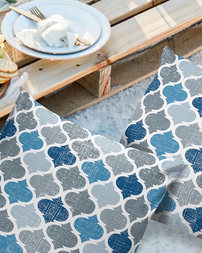 Morocco Outdoor Pillow Shams Set of 2, Decorative Pillowcases Cushion Case, Soft Throw Pillow Covers Waterproof Pillow Case 24x24 Inch, Blue Grey Geometry Retro