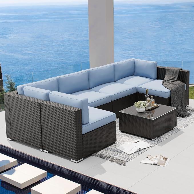 SUNCROWN 7-Piece Outdoor Patio Furniture Sofa Set All-Weather Wicker Sectional Conversation Set with Modern Glass Coffee Table, Cushions and A Waterproof Cover -Light Blue