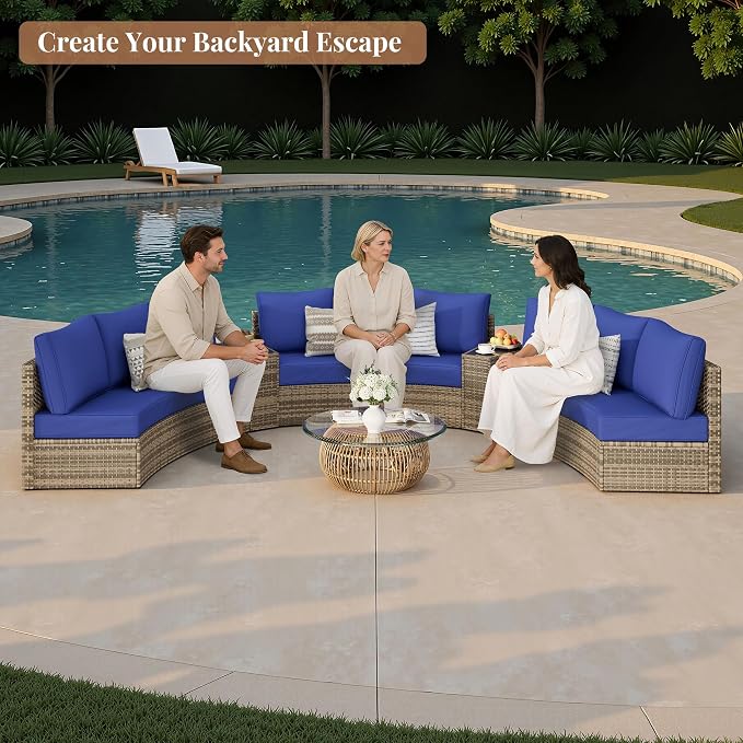Jocisland 11-Piece All-Weather Wicker Conversation Set with Storage Table, Half-Moon Outdoor Sectional Sofa with Removable Cushions, Rattan Patio Furniture Set for Backyard, Garden & Deck, Blue