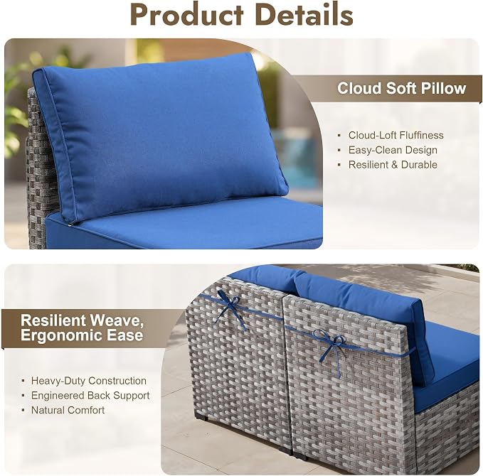 12 Pieces Patio Furniture Set, Wicker Outdoor Sectional Sofa with Coffee Table Comfy Cushions, Modern Modular Deep Seat Rattan Couch Conversation Set for Backyard Porch Yard,Navy Blue