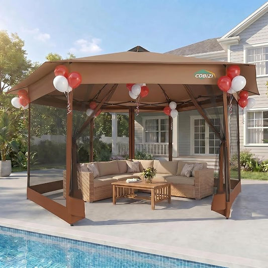 COBIZI 16x16 Pop Up Gazebo Tent with Mosquito Netting, Gazebos on Clearance, Hexagonal Outdoor Canopy Shelter, Patented Center Lock 6-Sided Portable Gazebos, Pop Up Canopy Tent for Backyard, Brown