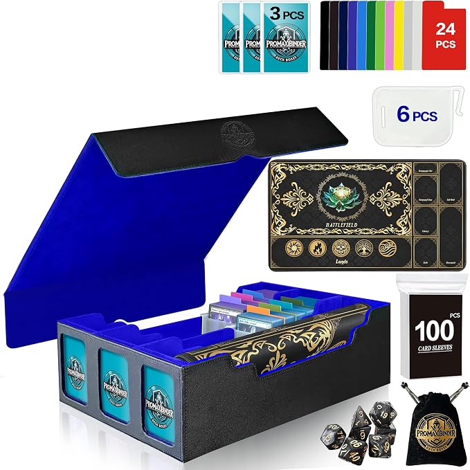 PROMAXIBINDER MTG Trading Card Storage Box with Playmat Fits 3000+ Cards, B-Row Commander Deck Case, 3 Display Windows, 6 Movable Partitions, 24 Dividers, for Magic/TCG/YuGiOh/Sport (Black&Blue)