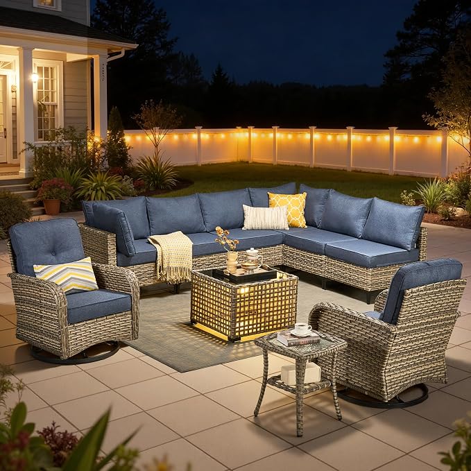 10 Pieces Outdoor Sectional Patio Furniture Set with Swivel Rocking Chairs,Wicker Conversation Sets Rattan L Shaped Couch,Modular Outdoor Sofa for Porch Balcony Backyard Denim Blue