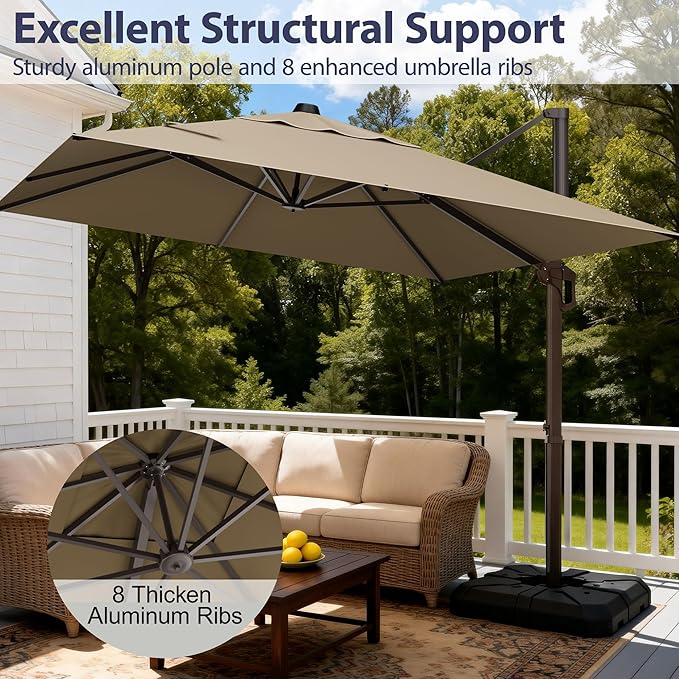 9' X 12' Cantilever Patio Umbrella Rectangle Outdoor Umbrella with Base Included, 6-Level Tilt & 360° Rotation Offset Umbrella for Garden, Deck, Pool (Brown)