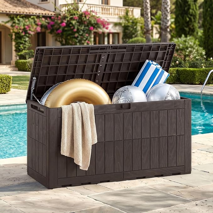 HAPPYGRILL 100 Gal Outdoor Deck Box, Lockable Storage Bin with Lid and Handles, Waterproof and Sun-Protective Patio Bench and Storage Box for Garden Tools Pool Supplies (Dark Brown, 100Gallon)