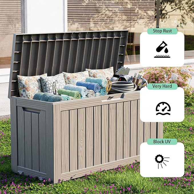 Waterproof Outdoor Storage Box, 86 Gallon Lockable Deck Box, UV-Resistant Outside Storage Bin With Hydraulic Lid For Patio Furniture, Cushion Organizer, Garden Tools, Pool Accessories, Grey