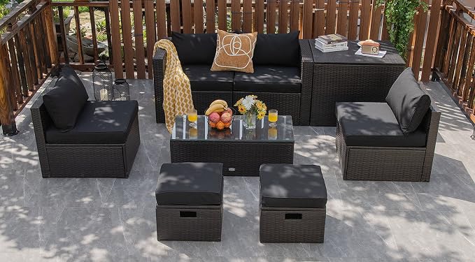 RELAX4LIFE 8-Piece Patio Furniture Set - PE Wicker Conversation Set w/Cushions, Pillows, Tempered Glass Table, Storage Box, Outdoor Sectional Sofa Set for Yard, Deck (Black)
