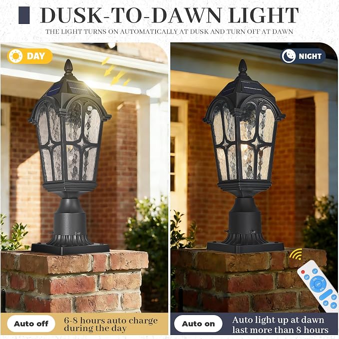 Solar Post Light Outdoor, 17.3 Inch Dusk to Dawn Pier Mount Lamp, Sand Black Aluminum with Seeded Water Ripple Glass, Waterproof Solar Pole Light Fixture for Garden Yard Pillar Patio