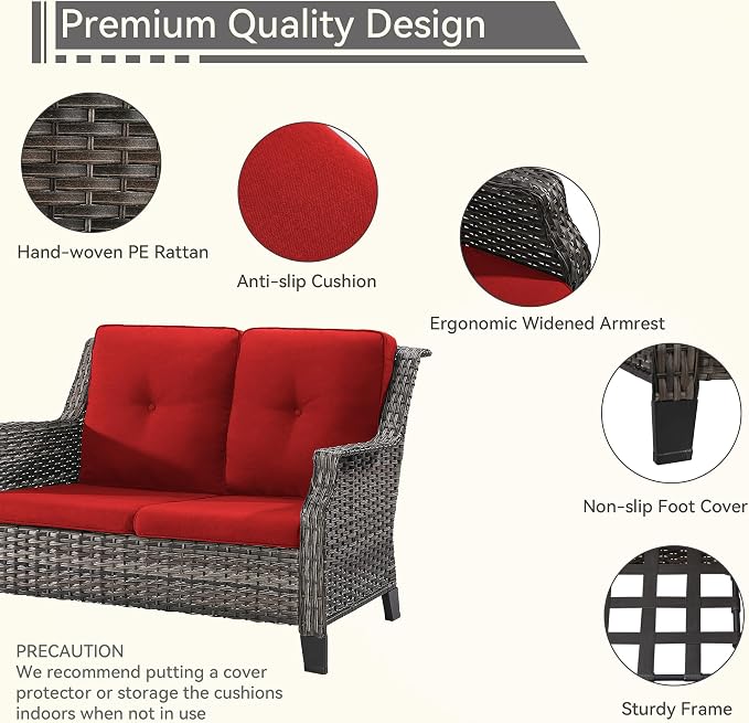 Patio Furniture Couch Outdoors, Rattan Wicker Loveseat with Deep Seating and Olefin Cushions, for Garden Porch Deck Balcony, Red