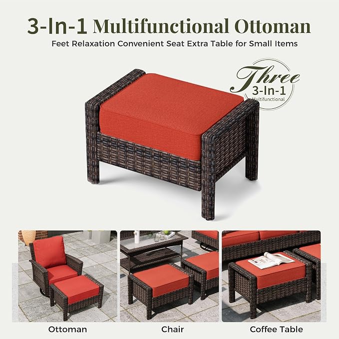 MIXPATIO 8-Piece Wicker Patio Furniture Set, Sectional Conversation Set with 2 x Swivel Chairs, 2 x Ottomans, 1 x 3-Seater Sofa, All-Weather Wicker Patio Conversation Set with 56" Fire Pit Table, Red