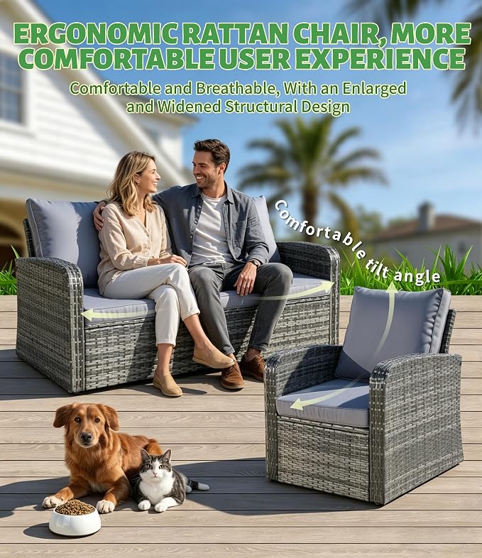 6-Piece Outdoor Patio Furniture Set, Wicker Sofa and Chairs with Cushions & Ottomans, PE Rattan All-Weather Conversation Set with Coffee Table, Comfortable Seating for Backyard, Poolside, Garden Grey