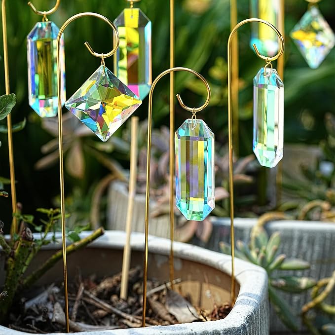 7 Pcs AB Colored Crystal Suncatcher Small Trellis Golden Plant Potted Stake | Crystal Plant Suncatcher Glass Garden Stakes for Potted Plants Indoor Outdoor Decorative Plant Stakes 13.7 Inch