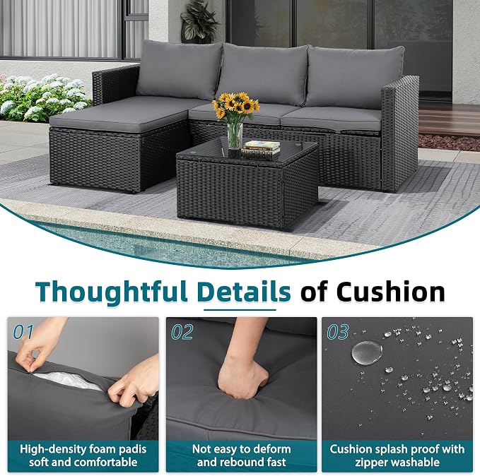 SUNLEI Patio Furniture Set with Detachable Soft Cushions, Outdoor PE Rattan Patio Conversation Sofa Set, 3-Piece Patio Sectional Sofa with Glass Coffee Table, Black Rattan/Royal Grey