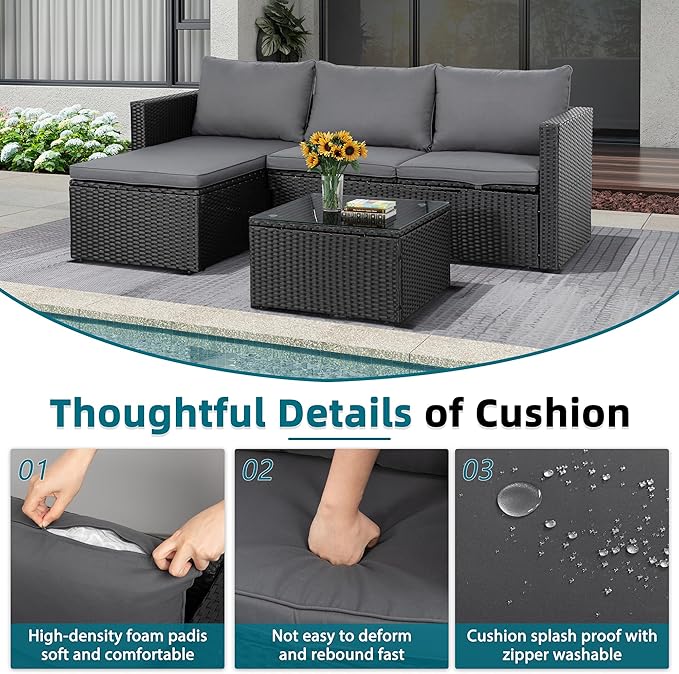 SUNLEI Patio Furniture Set with Detachable Soft Cushions, Outdoor PE Rattan Patio Conversation Sofa Set, 3-Piece Patio Sectional Sofa with Glass Coffee Table (Black Rattan&Charcoal)