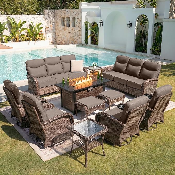 Belord Upgraded 6“ Cushion Luxury Patio Furniture Set with Fire Pit Table - 11 Piece Wicker Outdoor Furniture with High Back Swivel Rocker Patio Chairs, Conversation Set for Deck Porch - Brown/Grey