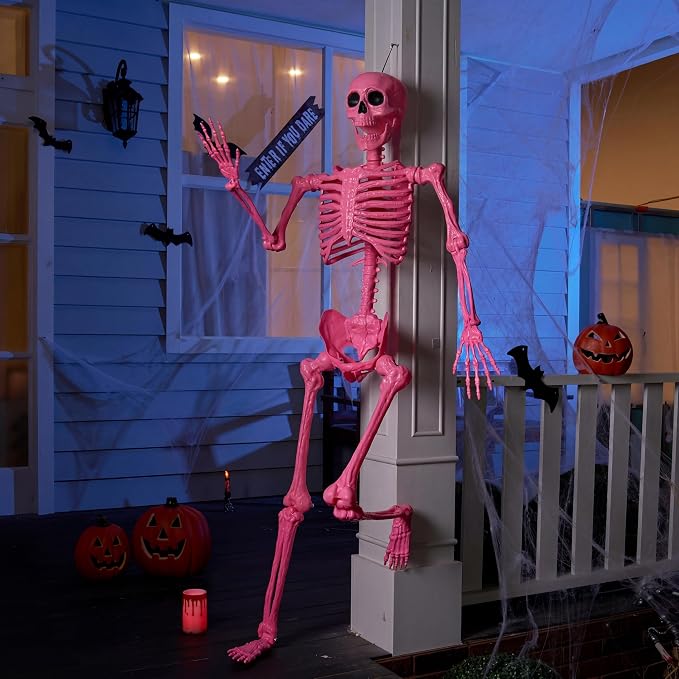 JOYIN 5.6 FT Halloween Posable Skeleton Life Size, Giant Outdoor Yard Skeletons, Pink Plastic Skeleton with Movable Joints for Haunted House Props, Halloween Decorations, Spooky Scary Skeletons Party