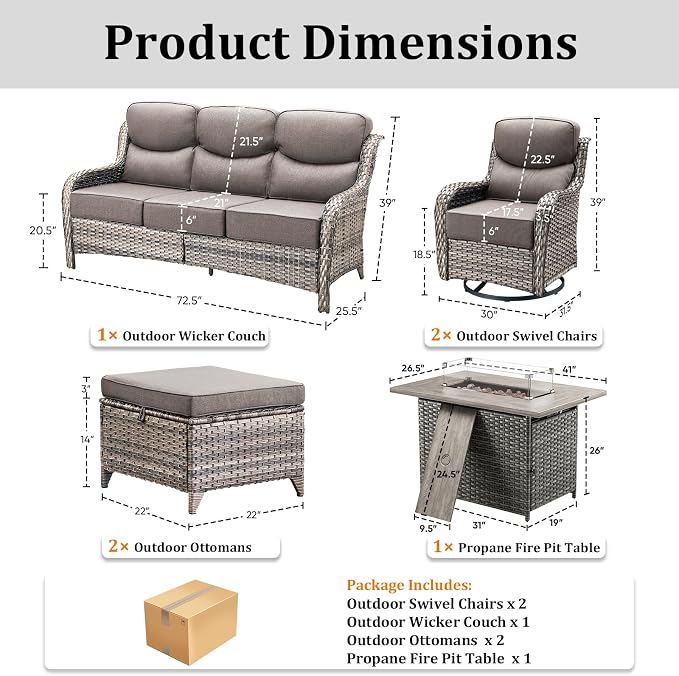 Luxury Patio Furniture Set with 42.5" Fire Pit Table, 6 Pieces High Back All Weather Wicker Outdoor Furniture w/ 6-Inch Thick Cushions, Patio Swivel Chairs Couch for Deck Balcony Backyard Grey