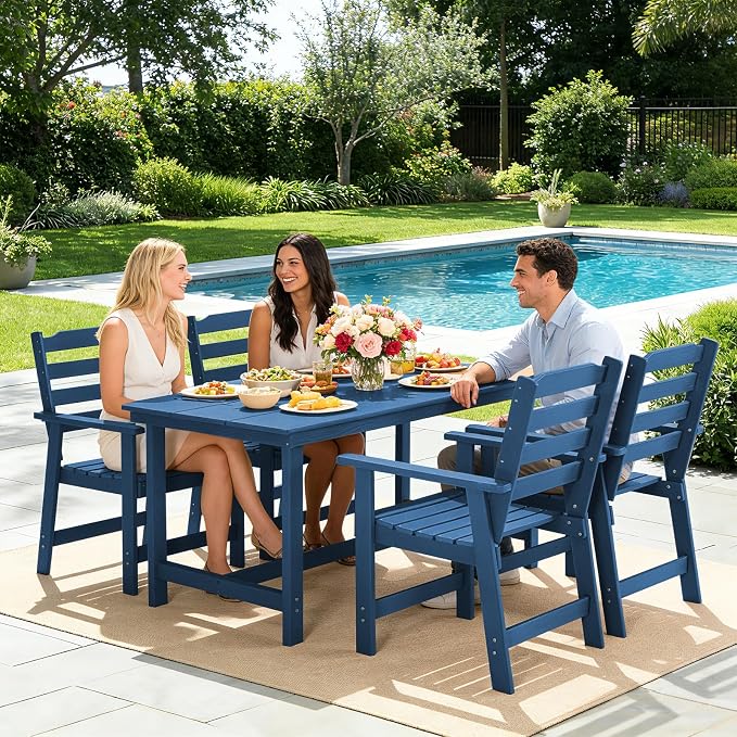 FUNBERRY Outdoor Dining Table, HDPE 6-Person Patio Table with Umbrella Hole | Wood-Grain, HDPE All Weather, No Rot or Rust or Crack, UV Fade Shield, 220LBS Weight Capacity, Easy-Clean for Outside