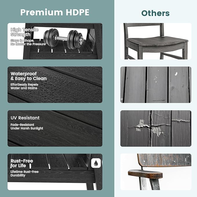 Pamapic 5-Piece Outdoor Dining Set, HDPE Outdoor Rectangular Table and 4 Chairs, Wood Grain Patio Furniture Sets with Armrest, All-Weather Patio Dining Table with Umbrella Hole, Black