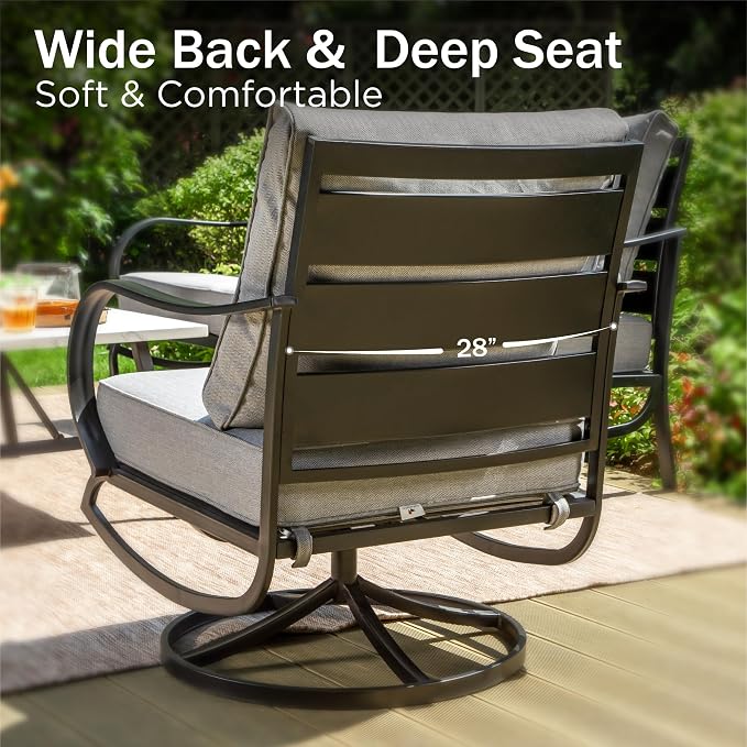 PHI VILLA 5 Piece Patio Furniture Set with 28" Firepit Table, 4 Outdoor 5.75" Cushioned Metal Frame Swivel Sofa Chairs & 28" Gas Firepit Table, Outside Furniture Set for Lawn Garden(Grey)