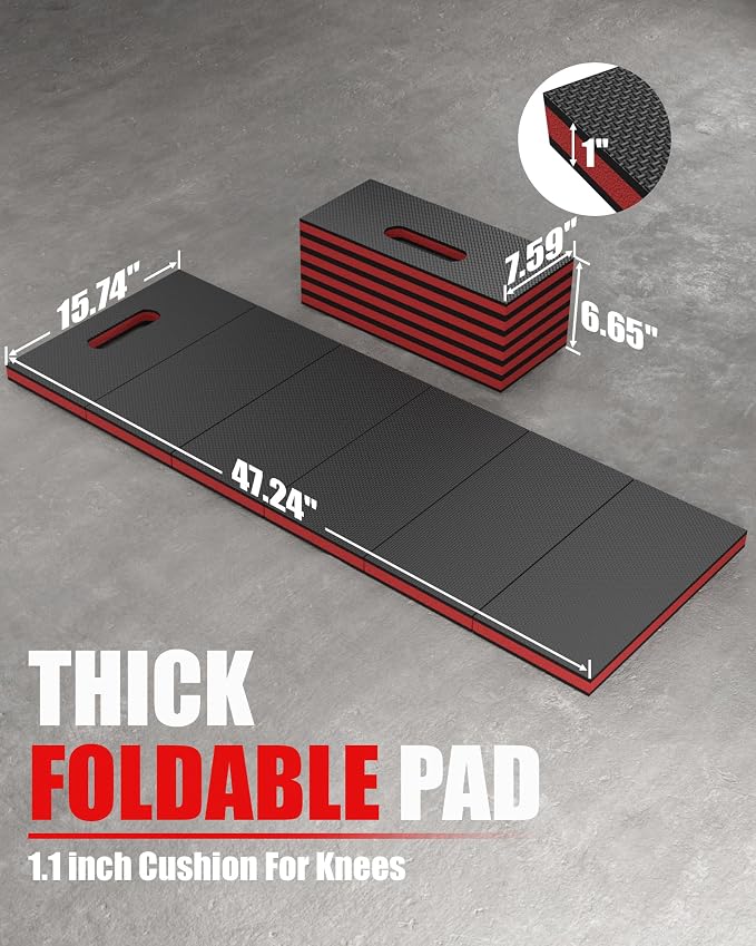 Folding Kneeling Pad, 1 Inch Thick Compact Mechanic Mat, Red | 47.24 x 15.74 Inch 6-Panel Firm Foam Pad with Carry Handle, Water-Resistant Textured Surface for Garage and DIY Work